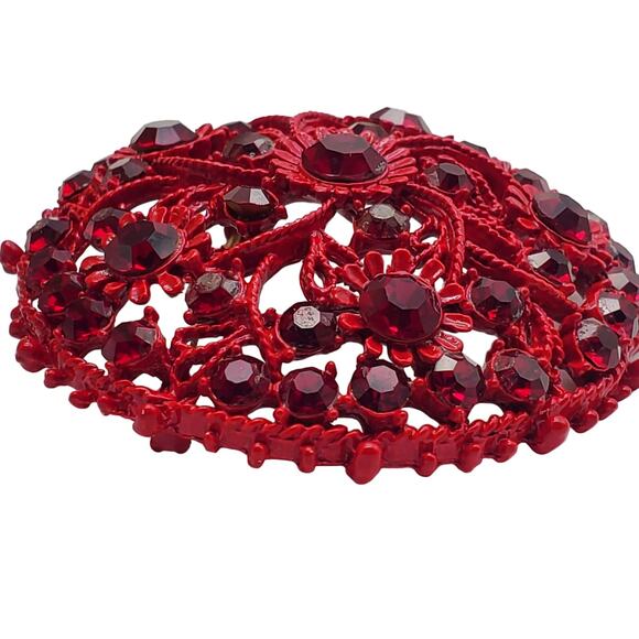 Large Round Red Rhinestone Brooch Enamel Floral Metal Pin Circle Cluster Dome - Picture 5 of 10